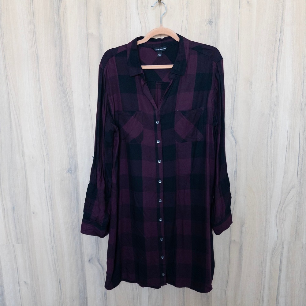 Rock & Republic Womens Plaid Shirt Dress L Burgundy Black Long Sleeve Grunge